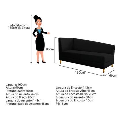 Imagem de Recamier Valéria 160cm Lado Direito de Quem Senta Sala de Estar Corano Preto - INCASA DECOR