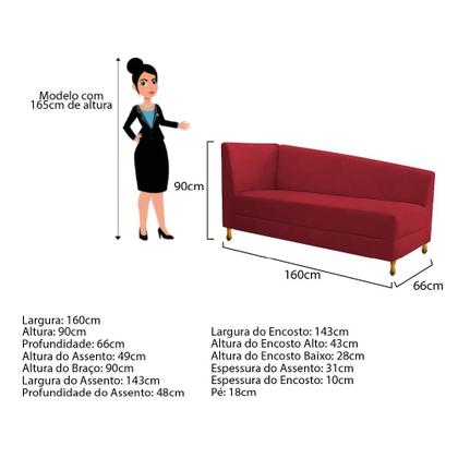 Imagem de Recamier Valéria 160cm Lado Direito de Quem Senta Sala de Estar Corano Vermelho - INCASA DECOR