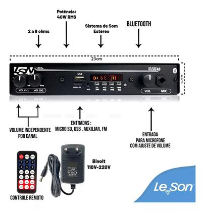 Imagem de Receiver Som Ambiente Leson LSN1002BT Slim BT + 4 Arandelas Passivas 6P Redonda 55W 8R BR Orion Brancas