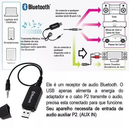 Imagem de Receptor Bluetooth P2 USB Adaptador Áudio Entrada Auxiliar Carro E Caixa De Som Mpe Recebe E Repoduz
