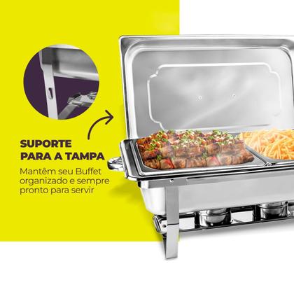 Imagem de Rechaud Aço Inox Retangular 2 Cubas 1/2 3 Litros com Fogareiro Gormet Mix Linha Profissional para Buffets e Eventos