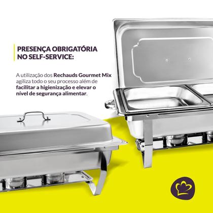 Imagem de Rechaud Aço Inox Retangular 2 Cubas 1/2 3 Litros com Fogareiro Gormet Mix Linha Profissional para Buffets e Eventos