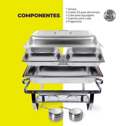 Imagem de Rechaud Aço Inox Retangular 2 Cubas 1/2 3 Litros com Fogareiro Gormet Mix Linha Profissional para Buffets e Eventos