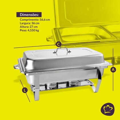 Imagem de Rechaud Aço Inox Retangular 2 Cubas 1/2 3 Litros com Fogareiro Gormet Mix Linha Profissional para Buffets e Eventos