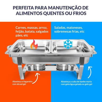 Imagem de Rechaud Aço Inox Retangular 2 Cubas 1/2 3 Litros com Fogareiro Gormet Mix Linha Profissional para Buffets e Eventos
