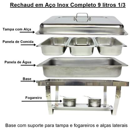 Rechaud Inox 9 Litros 1/3 Panelas Banho Maria 3 Cuba Buffet - JMA Inox Imagem de Rechaud Inox 9 Litros 1/3 Panelas Banho Maria 3 Cuba Buffet