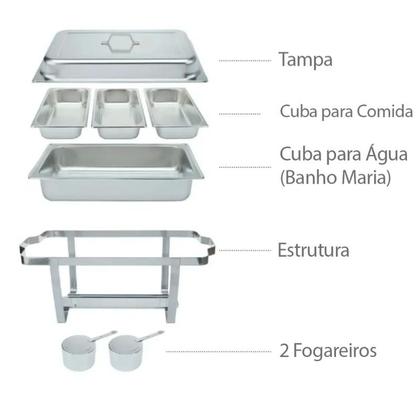 Imagem de Rechaud Inox Retangular 9 Litros Com 3 Cubas 1/3 Banho Maria Panelas Buffet Brinovar