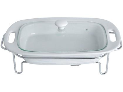 Imagem de Rechaud Porcelana Bon Gourmet Retangular 1 Cuba - 500ml 3 Peças 2848 com Tampa de Vidro