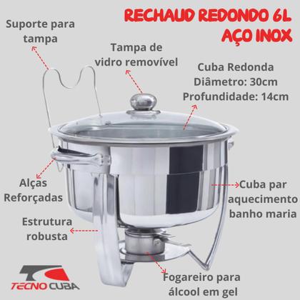 Imagem de Rechaud redondo inox 6 litros  banho maria tampa de vidro com queimador alcool gel