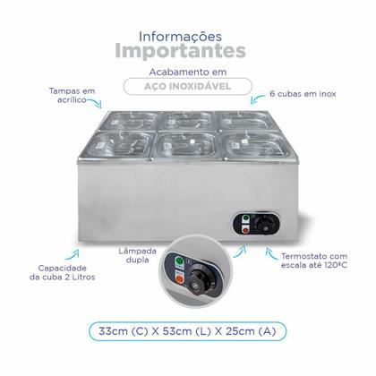 Imagem de Rechaud Retangular 12 L Com 6 Cubas 1/6  Aço Inox Zprc06