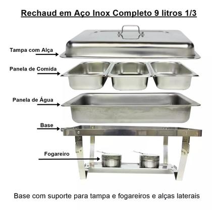 Imagem de Rechaud Retangular Aço Inox Banho Maria 3 Cubas 9L Buffet