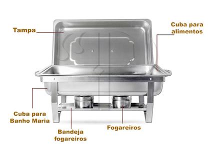Imagem de Rechaud Retangular Inox 9 L 2 Cubas 1/2x65mm Tampa Removível