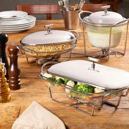 Imagem de Rechaud Retangular Vidro 3lt. com Suporte Tampa e Concha Inox Fracalanza