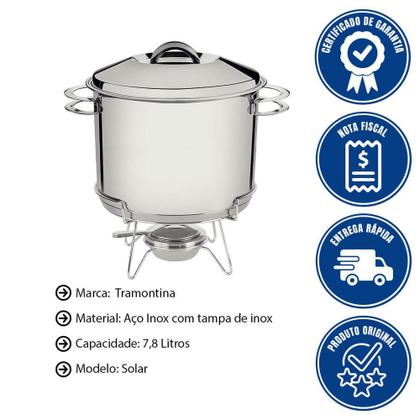 Imagem de Rechaud Tramontina Solar em Aço Inox Fundo Triplo com Fogareiro e Tampa de Inox 7,8 L 65500680
