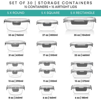 Imagem de Recipientes de armazenamento de alimentos de vidro Razab 30PC com tampas 1040ml-240ml