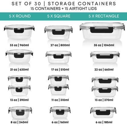 Imagem de Recipientes de armazenamento de alimentos de vidro Razab 30PC com tampas 1040ml-240ml