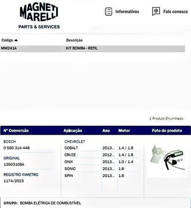 Imagem de Refil Bomba Combustivel Flex Cobalt Onix Prisma Sonic Spin