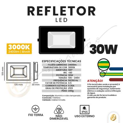Imagem de Refletor Holofote De Led 3000K Luz Quente 30W Preto IP65 Bivolt