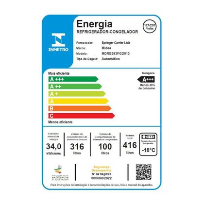 Imagem de Refrigerador Midea Frost Free Duplex Inverse 416L Inverter Branco Bivolt (MDRB593FGD013)