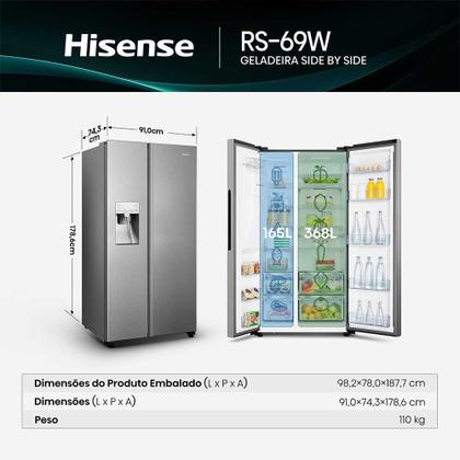 Imagem de Refrigerador Side By Side Hisense de 02 Portas Frost Free com 533 Litros Inox Look - RS-69W1AIQI