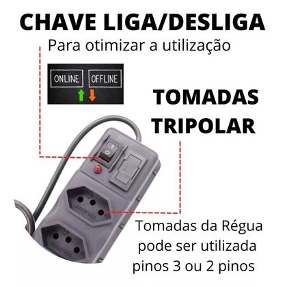 Imagem de Régua 4 Tomadas Com Proteção, Fusível Chave Liga Luz De Led Oferta