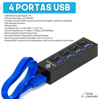 Imagem de Régua Cabo Hub USB 3.0 4 Portas Rápido Extensão Usb Para Pc