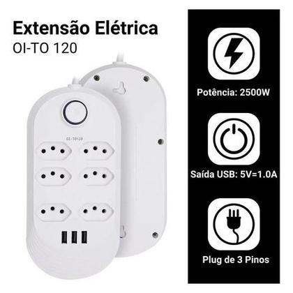 Imagem de Régua Extensão 6 Tomadas E 3 Usb Cor Branco 127v/220v - B-MAX