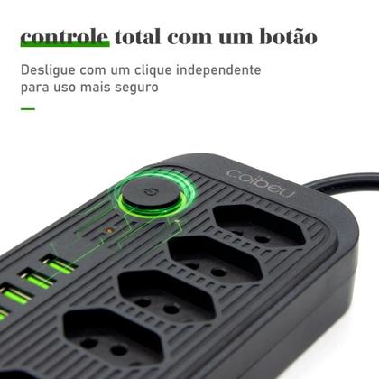 Imagem de Régua Extensão Elétrica 5 Tomadas 4 USB Type-C 2m Bivolt com Cabo 2 Metros - Envio Rápido