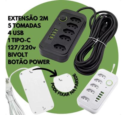 Imagem de Régua Extensão Elétrica 5 Tomadas 4 USB Type-C 2m Bivolt com Cabo 2 Metros - Envio Rápido