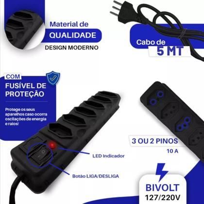 Imagem de Régua Filtro de liha Extensão 5 Metros 6 Tomadas Com fusivel