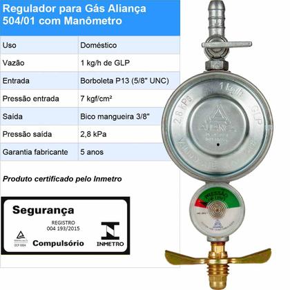 Imagem de Regulador Aliança 504/01 MÉDIO com Manômetro e Mangueira 0,80m