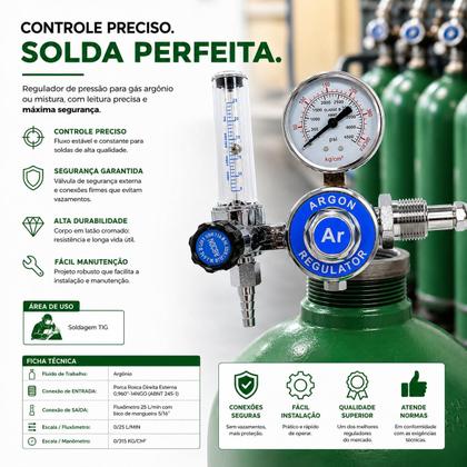Imagem de Regulador de Pressão para Gás Argônio com Fluxômetro MIG TIG