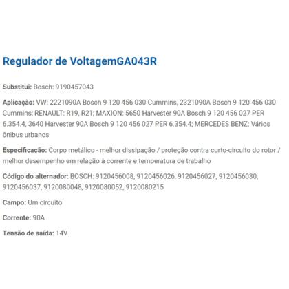 Imagem de Regulador Voltagem 14V 90A Maxion 5650 640 22210 23210 R19 R21 9190457043Campo Positivo Com Alternador BO 9120456008 9120456026 9120456027 9120456030