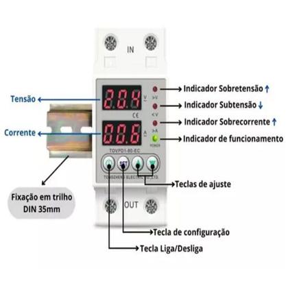 Imagem de Rele Protetor Sobre e Sub Tensão e Corrente 220V/60A TOVPD1-63-EC - Tomzn