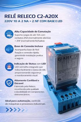 Imagem de Relé Releco C2- A 20x 220v 10 A 2 Na + 2 Nf Com Base E Led