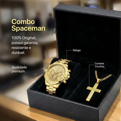 Imagem de Relogio Aco Banhado Ouro Masculino + Pulseira + Crucifixo robusto grumet resistente qualidade premium pesado original