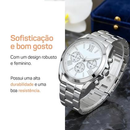 Imagem de Relogio Aco Feminino Inox Prata + Pulseira Oculos Caixa preto moda original inoxidavel protecao uv qualidade premium