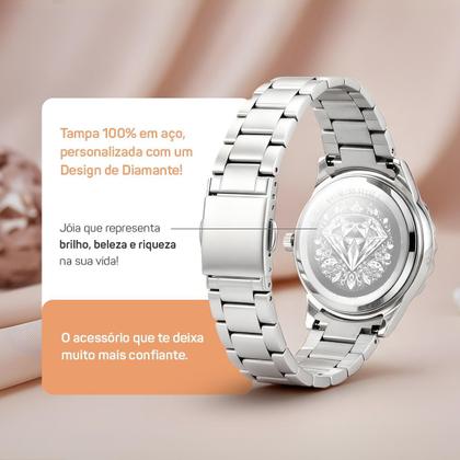 Imagem de Relogio Aco Feminino Inox Prata + Pulseira Oculos Caixa preto moda original inoxidavel protecao uv qualidade premium