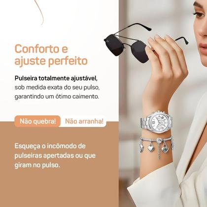 Imagem de Relogio Aco Feminino Inox Prata + Pulseira Oculos Caixa preto moda original inoxidavel protecao uv qualidade premium