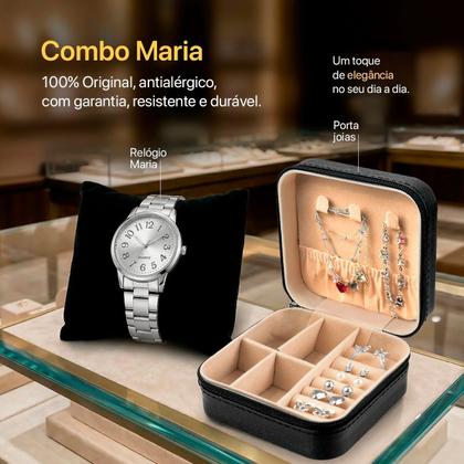Imagem de Relogio Aco Feminino Prata + Pulseira Colar + Porta Joia social inoxidavel presente original casual