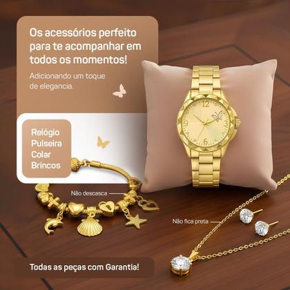 Imagem de Relogio Aco Inox Banhado Feminino + Caixa + Pulseira Colar original pingente ajustavel inoxidavel presente perola casual