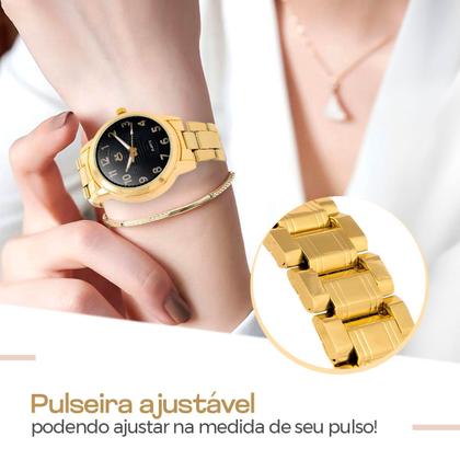 Imagem de Relogio aço inox banhado feminino + pulseira + brinco colar qualidade premium inoxidável strass presente casual dourado