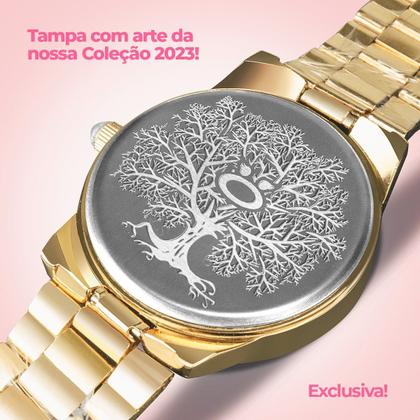 Imagem de Relogio aço inox banhado feminino + pulseira colar pingente analogico social casual dourado arvore da vida analógico