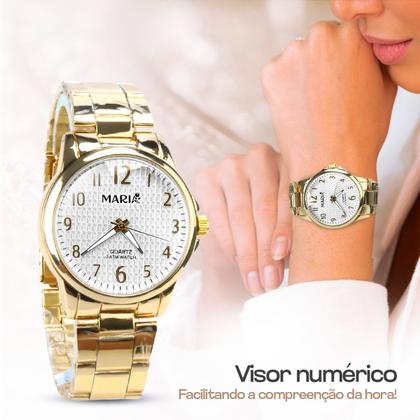 Imagem de Relogio aço inox banhado feminino + pulseira colar pingente analogico social casual dourado arvore da vida analógico