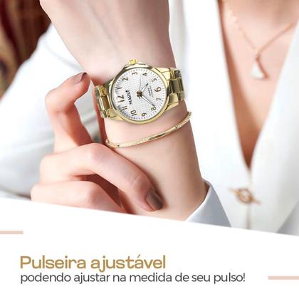 Imagem de Relogio aço inox banhado feminino + pulseira colar pingente analogico social casual dourado arvore da vida analógico