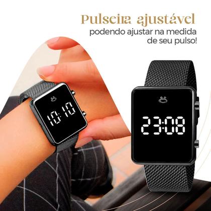 Imagem de Relogio Aço Inox Digital Preto Feminino + Caixa + Oculos Sol ajustavel pulseira ajustavel qualidade premium original led