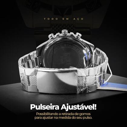 Relogio aço inox prova dagua prata + cordão cruz + caixa pesado
