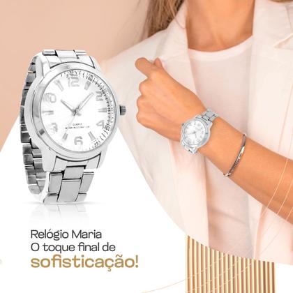 Imagem de Relogio Aço Prata Feminino + Strass Colar + Brincos Caixa aço inox social casual qualidade premium