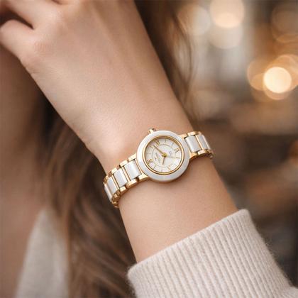 Imagem de Relógio Analógico Feminino Branco e Dourado com Pulseira de Cerâmica e Vidro de Safira à Prova D Água Mini Pequeno Luxo Technos