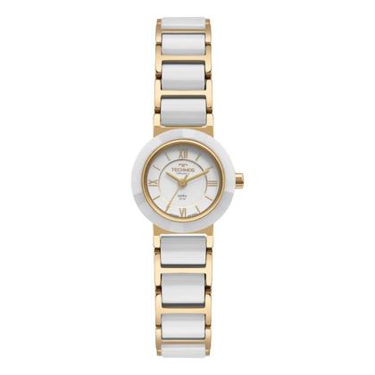 Imagem de Relógio Analógico Feminino Branco e Dourado com Pulseira de Cerâmica e Vidro de Safira à Prova D Água Mini Pequeno Luxo Technos